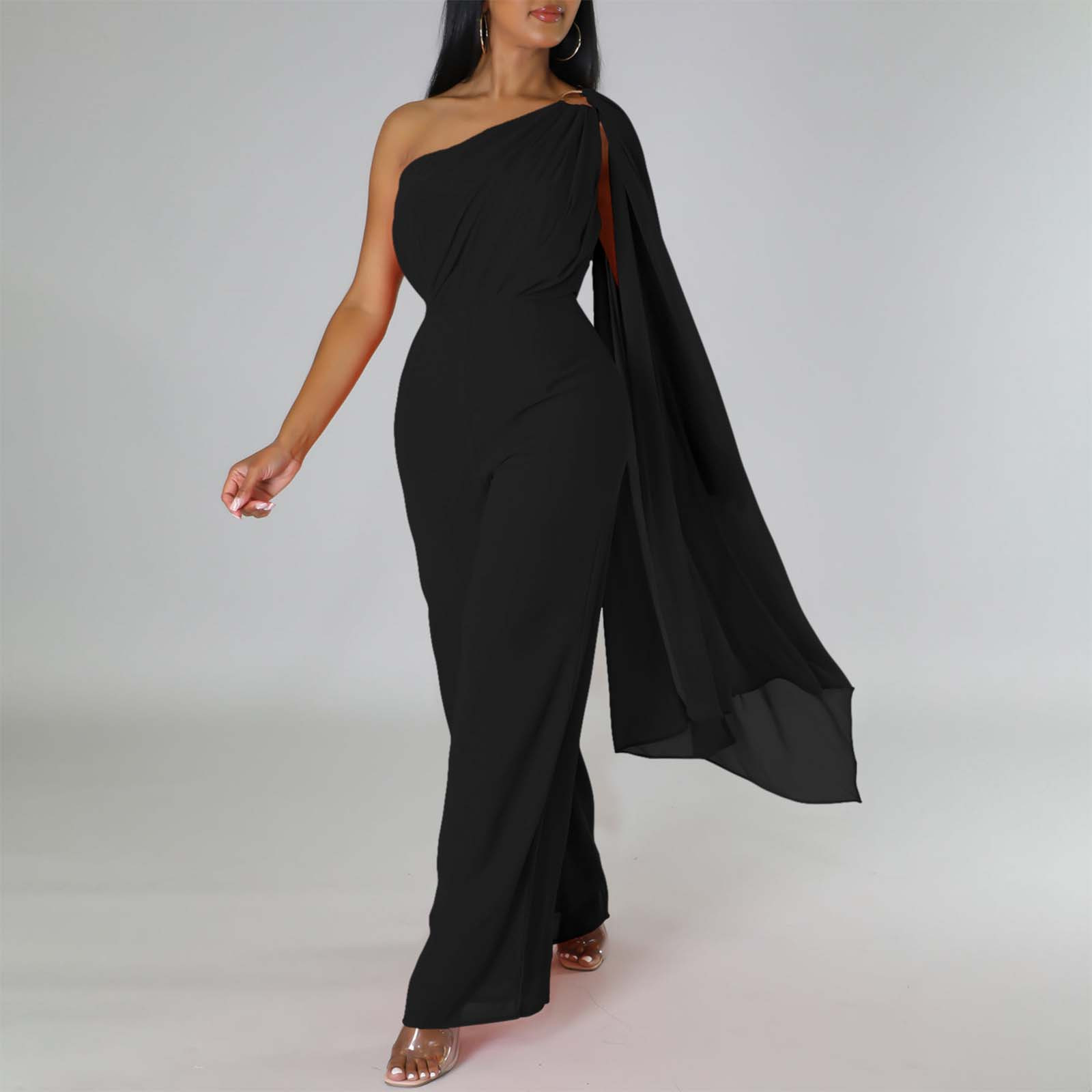 thumbnail image 2 of Vestido de noche de mujer con un solo hombro - Sofisticado conjunto de fiesta - Falda fluida con cremallera trasera - Color liso para ocasiones especiales, 2 of 7